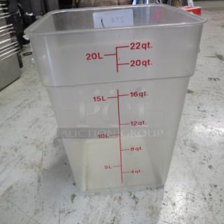 22 Quart clear food storage container with red measurement markings, good condition.