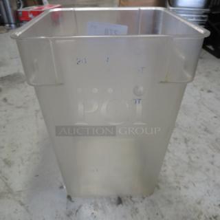 Clear 22-quart food storage container with measurement markings, square shape, no lid, and slight wear. Ideal for kitchen use.
