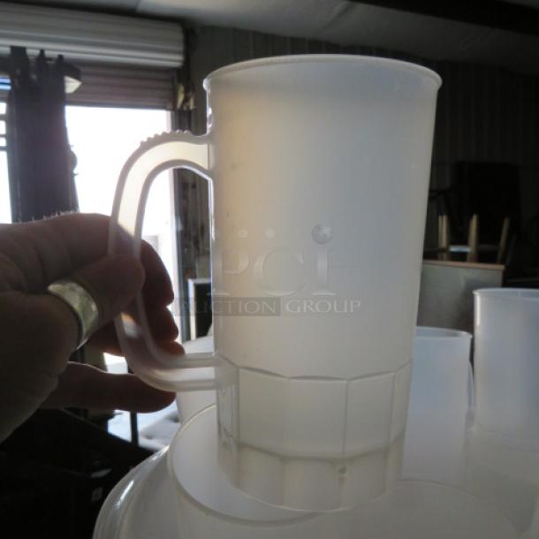 Poly XL Beer Mug from Mega Lot, durable plastic, large capacity, good condition, textured grip handle, stackable design.