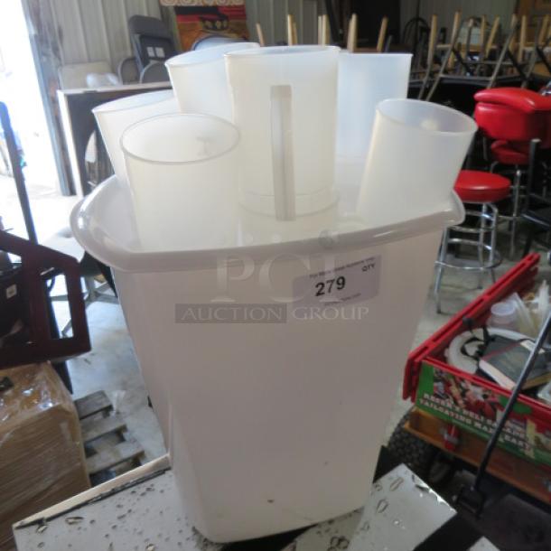 Mega lot of Poly XL beer mugs in a plastic bin, auction tag reading "279." Mugs appear in good condition.
