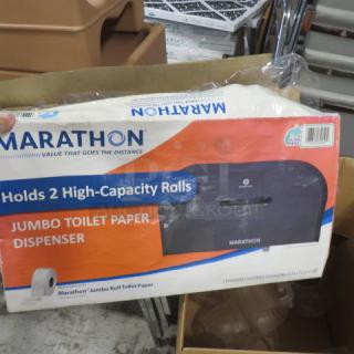 New Marathon jumbo toilet paper dispenser, holds 2 high-capacity rolls. In original packaging with branding visible.
