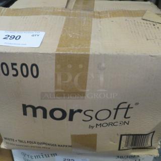 Box of Morsoft by Morcon white folded napkins. Visible label shows "0500" and barcode. 10,000 napkins, 20 packs of 500.