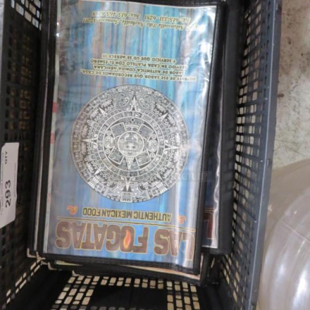 Lot of 6 page menu holders featuring "Las Fogatas" branding, in a plastic container. Used, condition not specified.