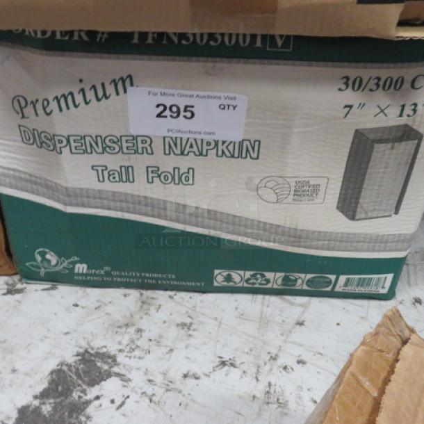 One case of 7x13 inch Premium Tall Fold Dispenser Napkins, 300 count, new condition, labeled for quality and eco-friendliness.