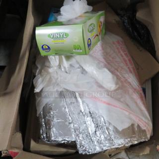 Box containing vinyl gloves and aluminum foil, medium size.