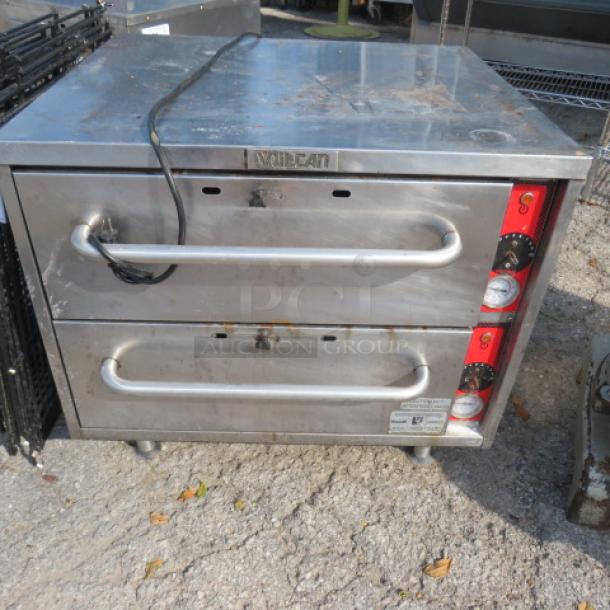 Vulcan 2 Drawer Warmer, Model VW2S, 120 Volt, 27.5x23.5x25 inches. Stainless steel, good condition, visible brand marking.