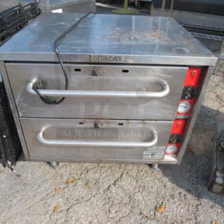 Vulcan 2 Drawer Warmer, Model VW2S, 120 Volt, 27.5x23.5x25 inches. Stainless steel, good condition, visible brand marking.