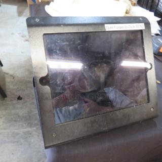 One iPad on a stand, model #A2602, with a screen reflection. Label reads "Don't Forget to Click SEND." Fair condition.