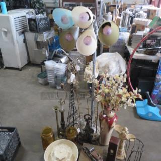 Mixed lot featuring a multi-colored floor lamp, vases, decor items, and miscellaneous household goods in used condition.