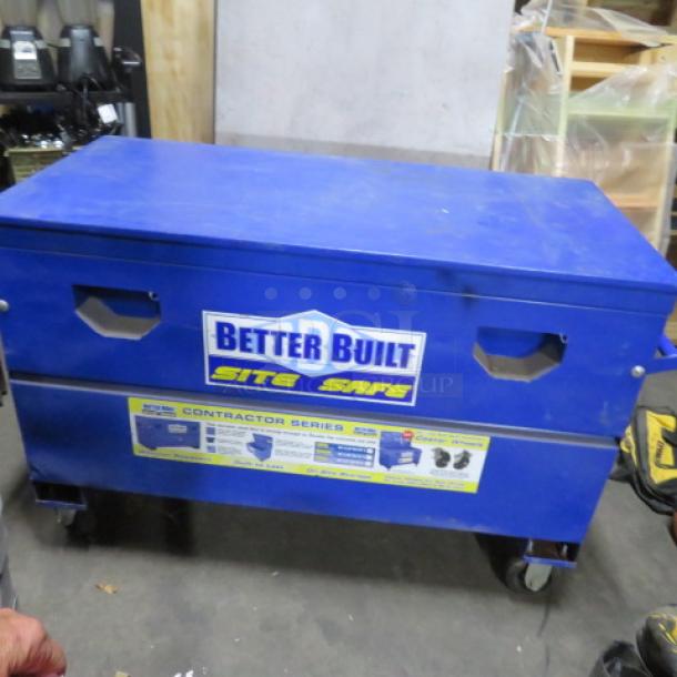 Better Built gang box on casters, blue, with 2 handles, size 54x24x34 inches, labeled "Site Safe" and "Contractor Series."