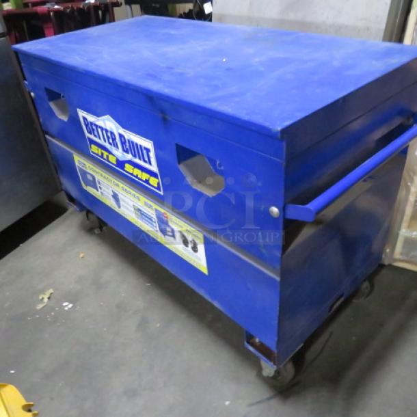 Better Built gang box on casters; blue with two handles, 54x24x34 inches. Features Site Safe label, sturdy design.