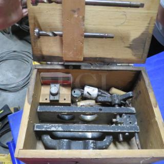 Stanley skew combination plane in a wooden carry box. Includes additional bits and components. Visible wear, good condition.