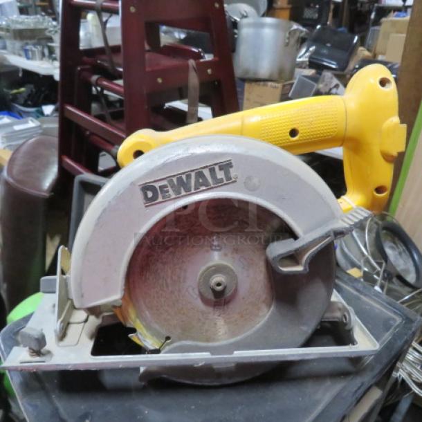 DeWalt cordless circular saw #DW939, yellow handle, blade guard, in used condition. No visible defects.