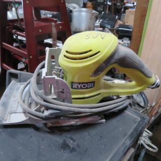 Ryobi JM82G 120V joiner in used condition, with visible dust and wear. Features include ergonomic handle and power cord.