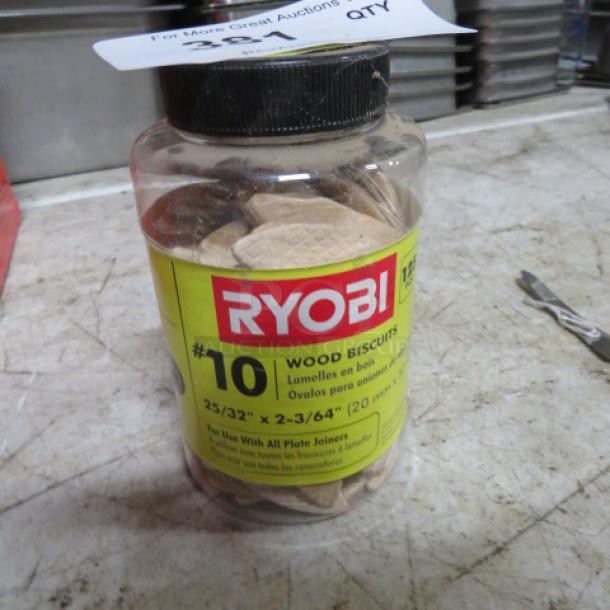 New jar of Ryobi Wood Biscuits #10, 25/32" x 2-3/64", for plate joiners, sealed condition, 125 pieces.