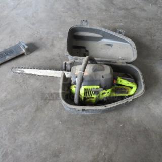Poulan chainsaw in hard case, green and black, used condition. Visible bar and chain, includes protective case.