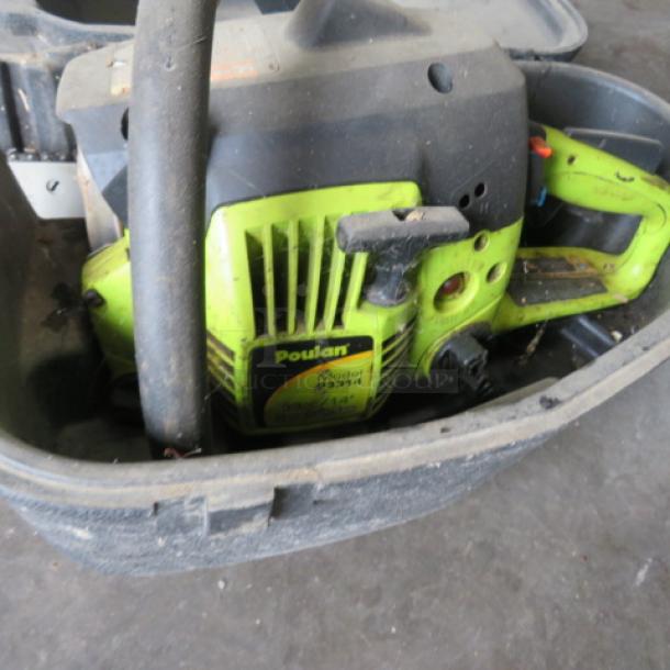 Poulan chainsaw in hard case, model 230341, lime green and black, used condition, visible wear on handle and body.