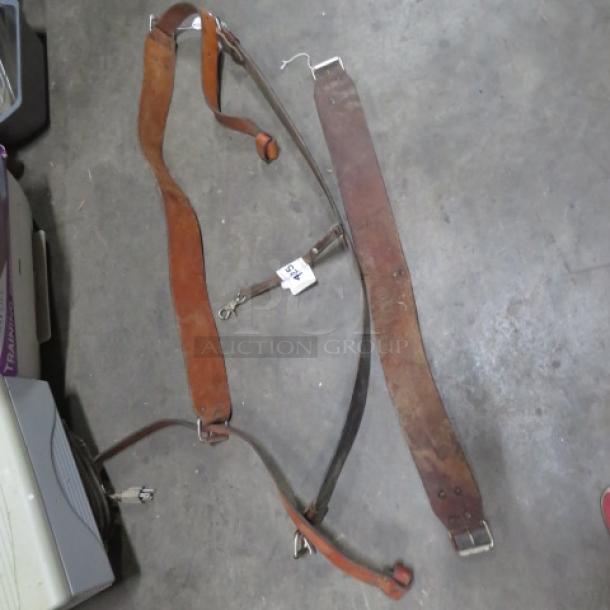 Lot of leather straps, varying widths and lengths, worn condition. Includes buckles, clasps, and a visible tag labeled "54."