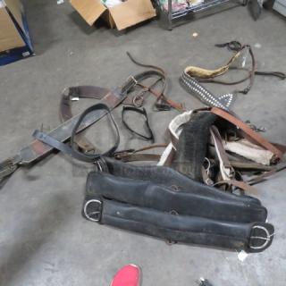 One lot of assorted leather straps, varying in size and style, some with metal buckles and hardware, mixed condition.