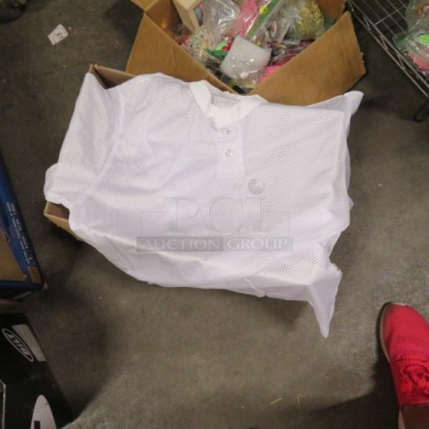 One lot of 15 assorted new white baseball jerseys, mesh fabric, button-front, neatly folded in a cardboard box.