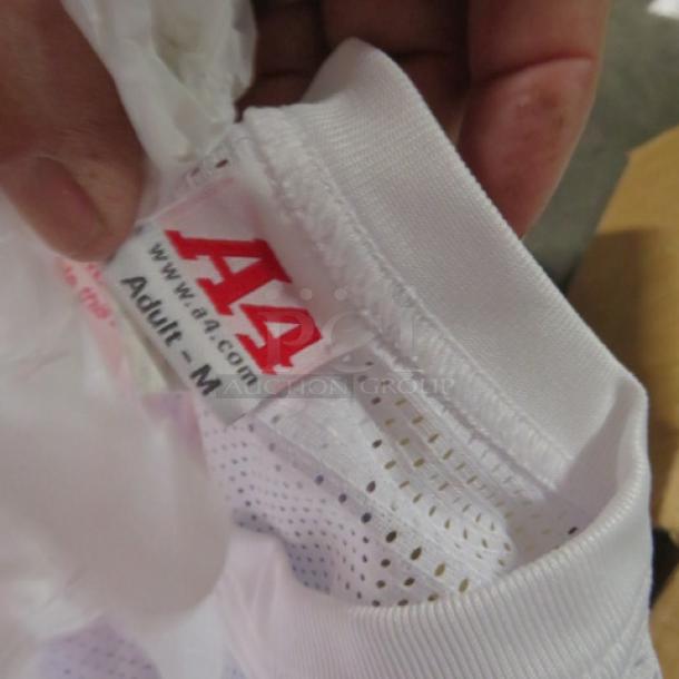 Lot of 15 new white baseball jerseys with A4 brand label, Adult - M size, breathable mesh fabric.