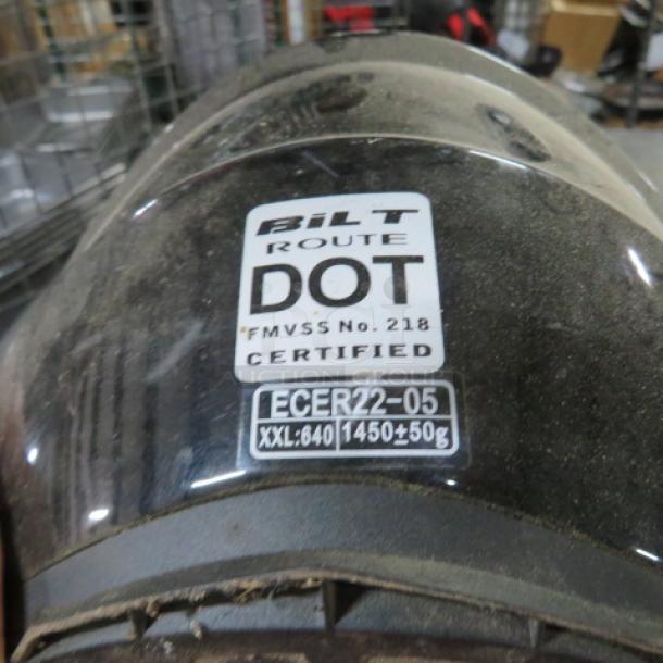 XXL Bilt Route Motorcycle Helmet, DOT certified, FMVSS No. 218, ECE R22-05, model #640. Pre-owned, visible wear.