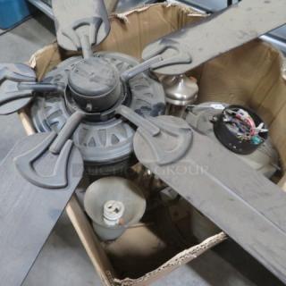 One lot of assorted lighting, including a box of ceiling fan parts and various fixtures, in used condition.