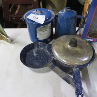 Vintage enamel cookware set, speckled blue, includes pots, pan, kettle. Good condition. Auction lot tag visible.