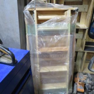 New attic pull-down stairs in packaging, wooden, sturdy frame, ready for installation, excellent condition.