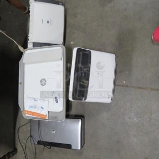Assorted printers lot, featuring models from HP and other brands. Various sizes and conditions, including power cables.