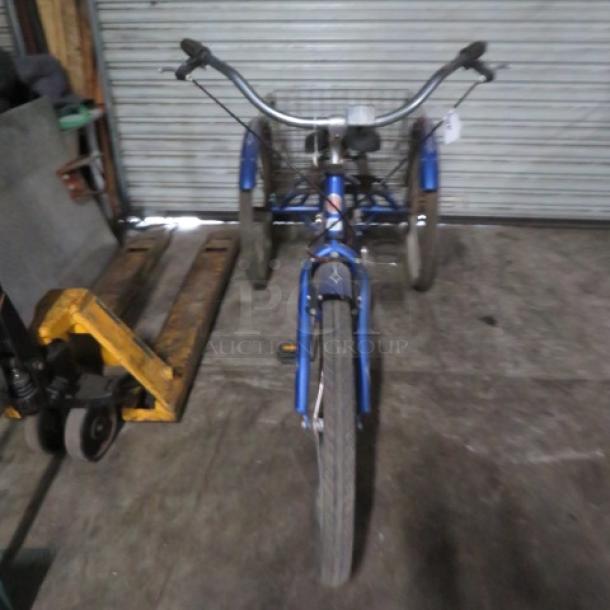 Vintage Schwinn Meridian tricycle, blue, with rear basket. Features upright handlebars and durable tires. Good condition.