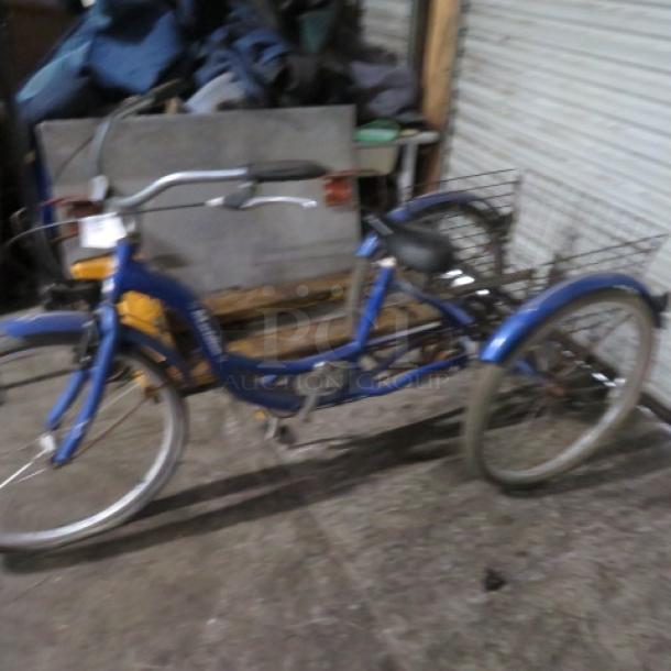 Vintage Schwinn Meridian Tricycle, blue, with rear basket, in used condition. Suitable for collectors or casual riders.
