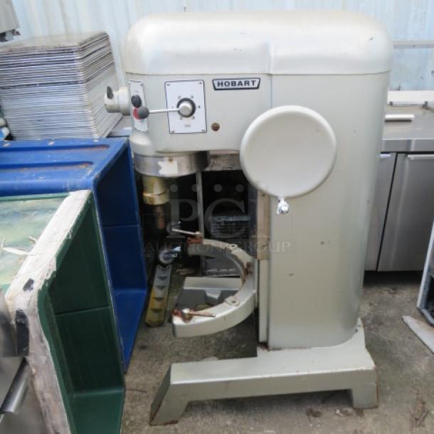 Hobart 60 Quart Dough Mixer, Model H-600. No plug, 460V, 3 phase. Used condition. Logo and control panel visible.