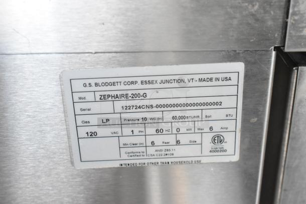Label on Blodgett Zephaire-200-G oven indicating model, propane gas, 60,000 BTU, 120V, made in USA.