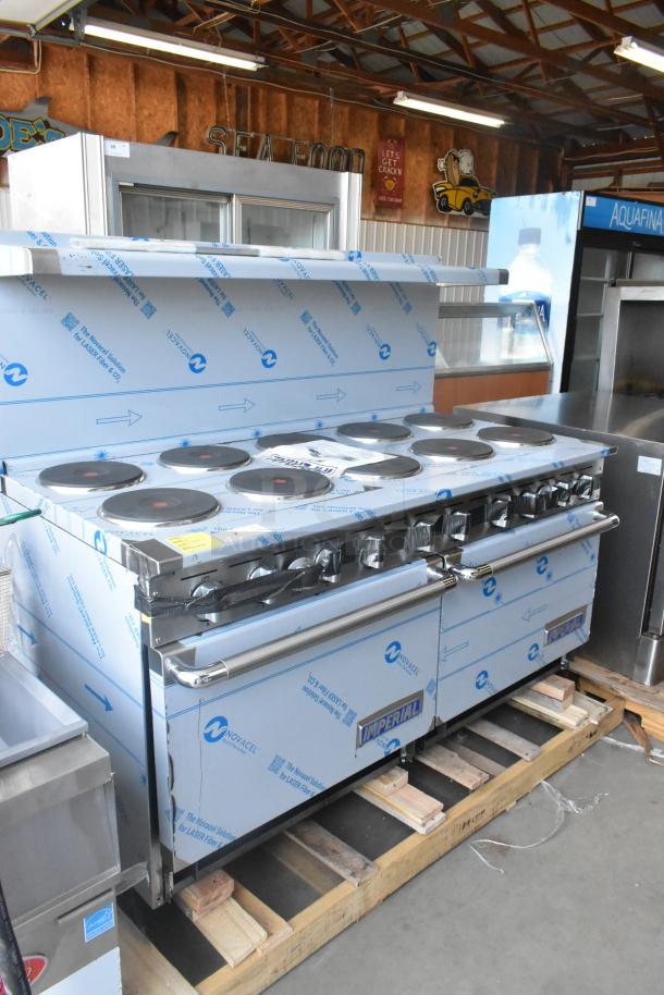 BRAND NEW Imperial stainless steel 10 burner hot plate range with 2 ovens, over shelf, and backsplash, still in protective wrap.