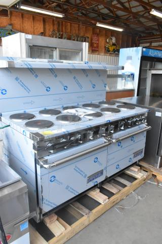 BRAND NEW Imperial stainless steel 10 burner hot plate range with 2 ovens, over shelf, and backsplash, still in protective wrap.