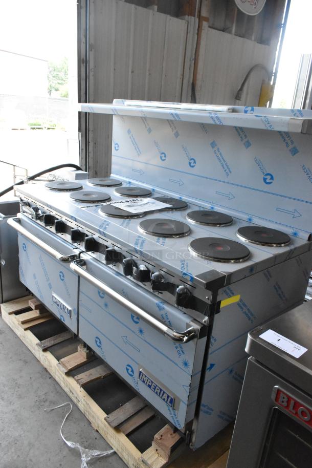 Brand new Imperial stainless steel 10 burner hot plate range with 2 ovens, overshelf, and backsplash. Scratch and dent condition.