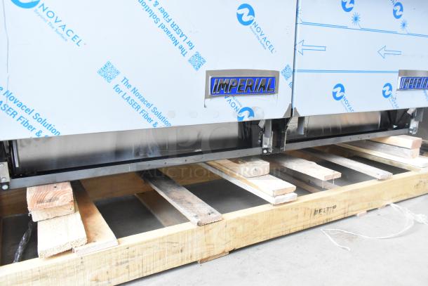 BRAND NEW Imperial stainless steel 10-burner hot plate range with two ovens. Scratch and dent condition. Over shelf and back splash included.