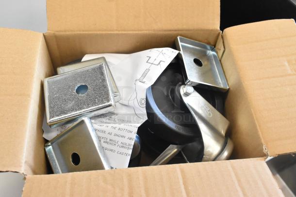 Box of hardware and caster wheel for Beverage Air SPE27HC-12M prep table.