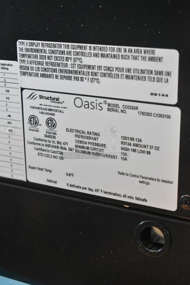 Structural Concepts Oasis CO3324R label showing model, serial number, and specifications. 120 Volts, 1 Phase.