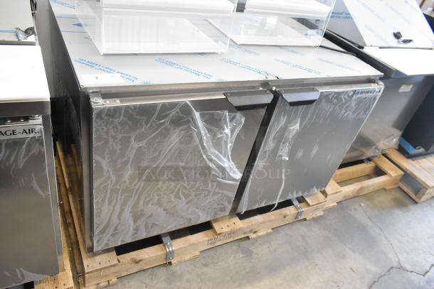 Brand new Beverage Air UCR48AHC-23 stainless steel 2-door undercounter cooler, 115V, with minor scratches, on pallet.