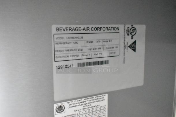 BRAND NEW Beverage Air UCR48AHC-23 stainless steel 2-door undercounter cooler. Model tag details specs and ratings.