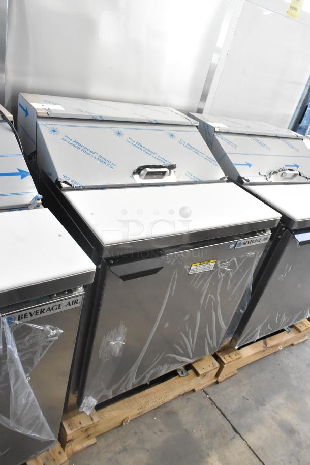 Beverage Air SPE27HC-B stainless steel sandwich prep table, brand new with visible scratches. 115 Volts, 1 Phase.