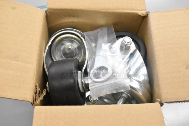 Box containing casters and wrench for Beverage Air UCR48AHC-23 undercounter cooler, indicating packaging content.