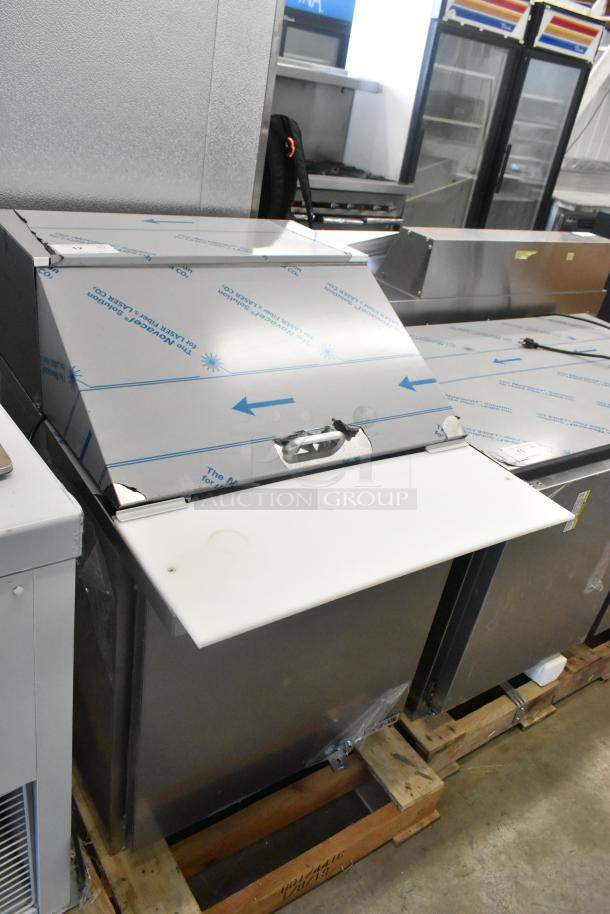 Brand new Beverage Air SPE27HC-12M stainless steel prep table, scratch and dent, 115V, bain marie mega top, protective film visible.