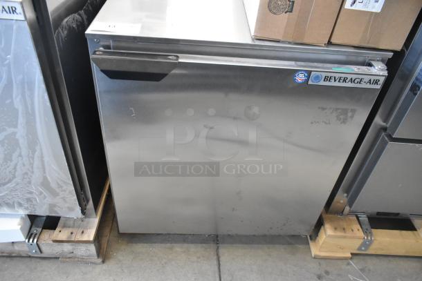 BRAND NEW Beverage Air UCR27AHC stainless steel commercial cooler, single door, visible dent, 115V, 1 phase, model label shown.