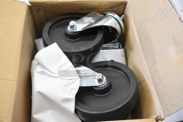 Cardboard box containing caster wheels and mounting hardware, replacement parts for Beverage Air undercounter freezer model UCFD60AHC-2.