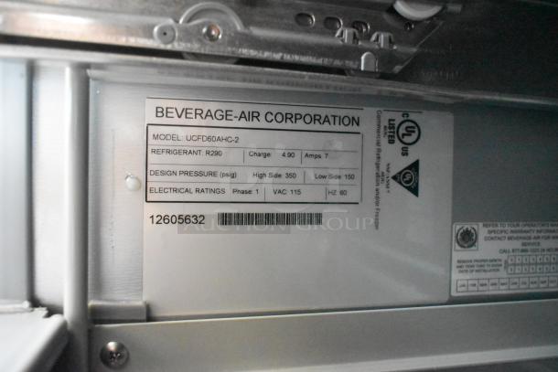 Beverage Air Model UCFD60AHC-2 stainless steel undercounter freezer tag, showing specifications and electrical ratings.