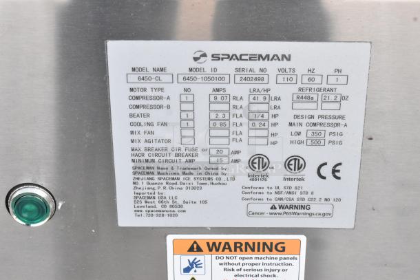 Stainless steel Spaceman 6450-CL single flavor frozen beverage machine label, showing specs and safety warnings. Model 2024, 110V, 1 Phase.