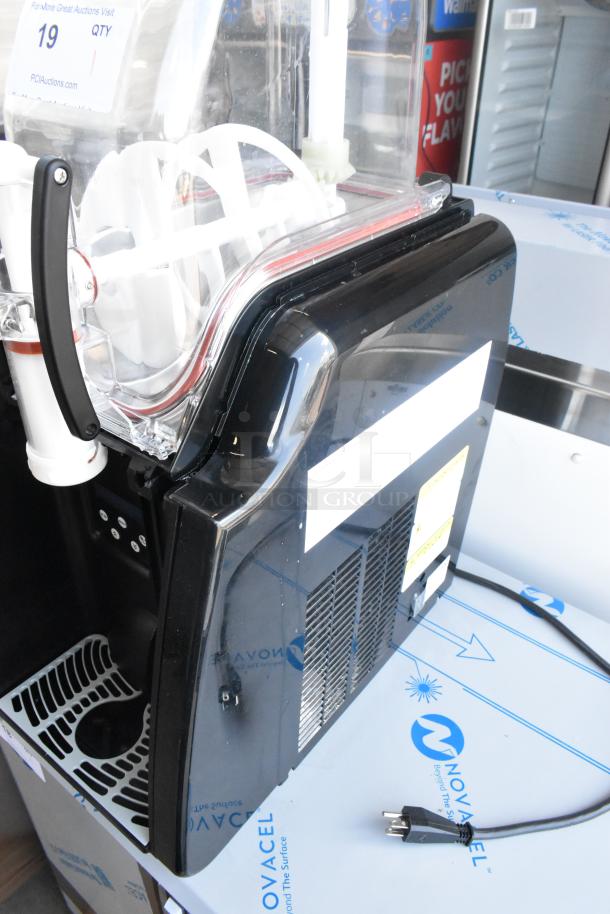 Brand new single hopper metal slushie machine, commercial-grade, with visible scratch and dent. Plug and controls shown.
